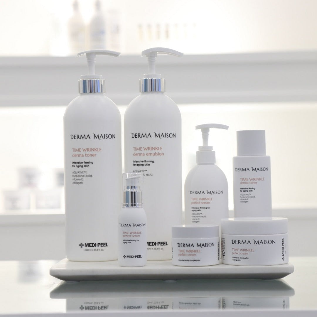 Derma Maison Time Wrinkle Derma Emulsion 1000ml face moisturizer, creamy formula in a large pump bottle, suitable for reducing wrinkles.