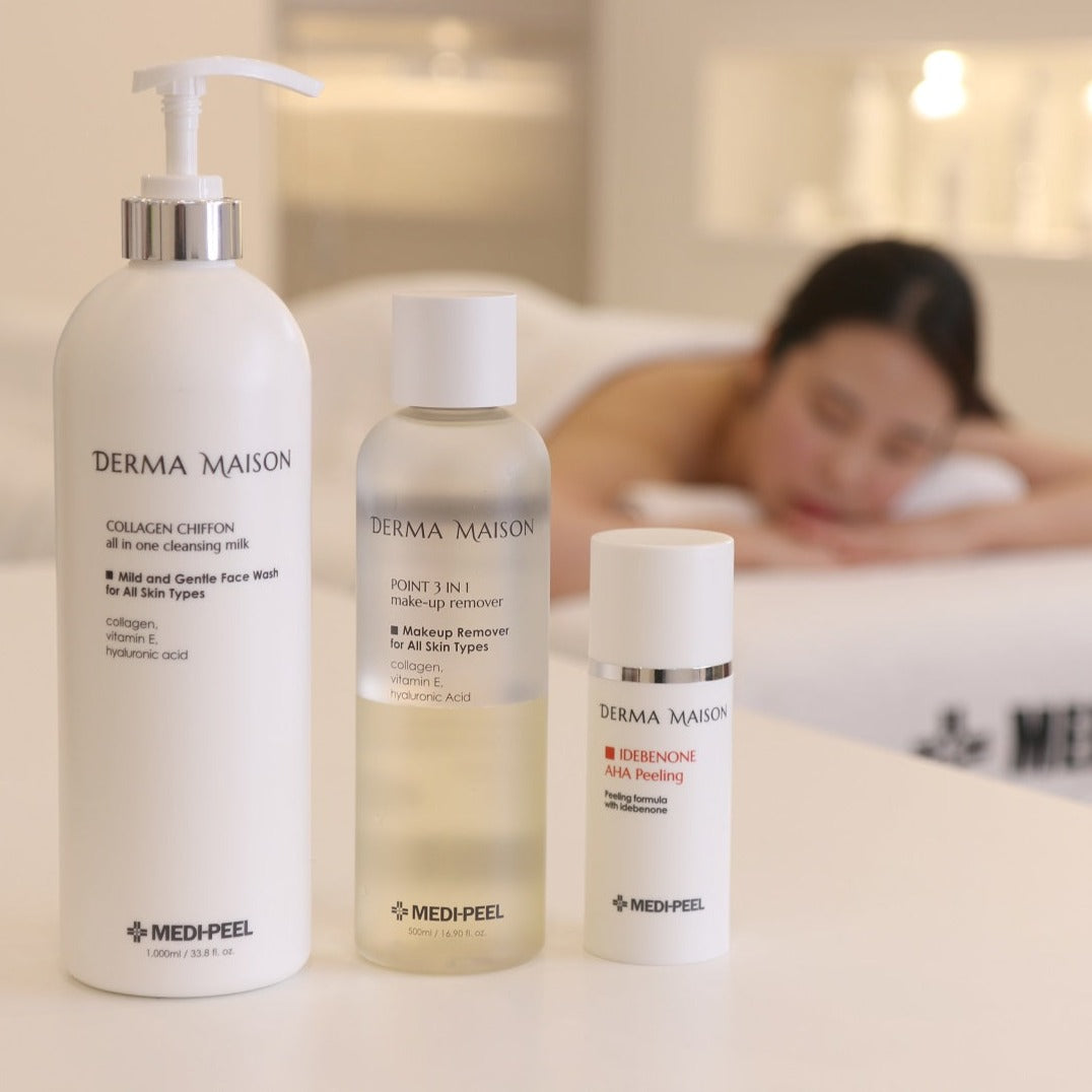 Derma Maison Collagen Shiffon All-In-One Cleansing Milk in 1000ml bottle, gentle milk cleanser for face and skin.