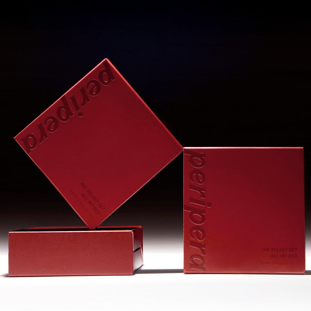 Peripera Ink Velvet Set of lip tints with multiple shades, featuring soft, velvety textures and a smooth application on lips.
