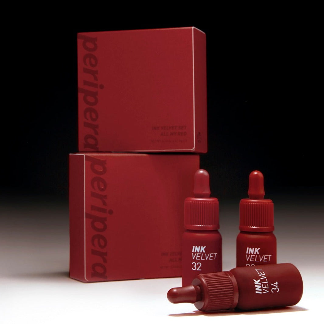 Peripera Ink Velvet Lip Tint set featuring multiple shades in sleek tubes, vibrant and smooth application.