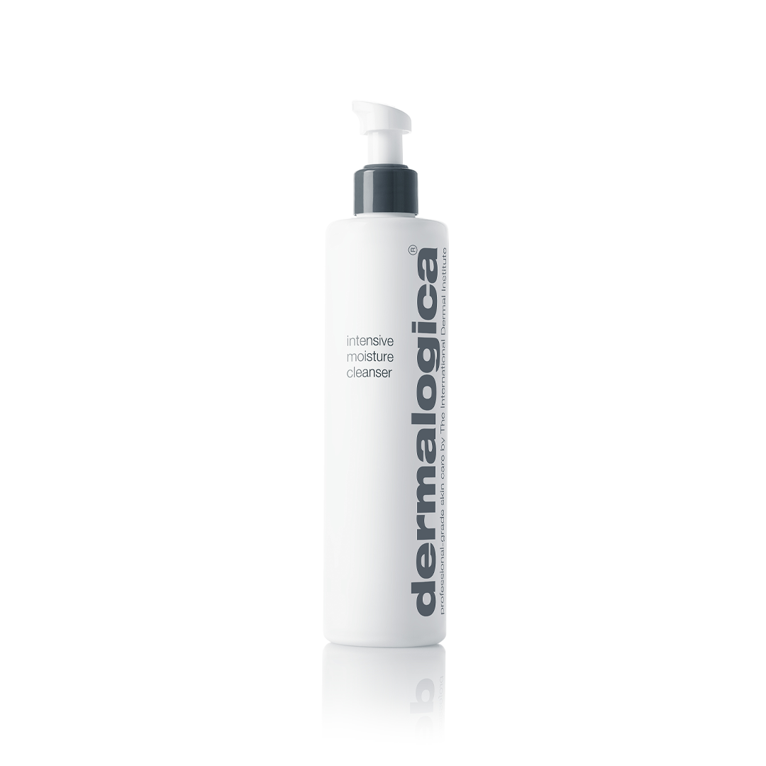 Dermalogica Intensive Moisture Cleanser gel and foam, 295ml, showing the product bottle with label and packaging.