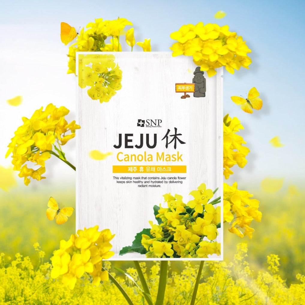 SNP Jeju Canola Sheet Mask on a white background, showing the mask’s soft, cloth-like texture and packaging design.