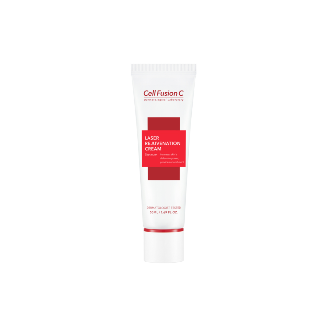 Cell Fusion C Laser Rejuvenation Cream 50ml face moisturizer, showing the creamy texture and sleek packaging.