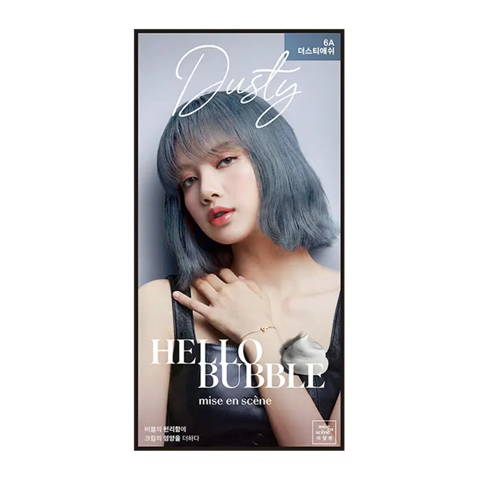 Mise-En-Scene Hello Bubble Foam Hair Colour Dy in shade 6A, showing a vibrant, foamy hair dye application on hair.