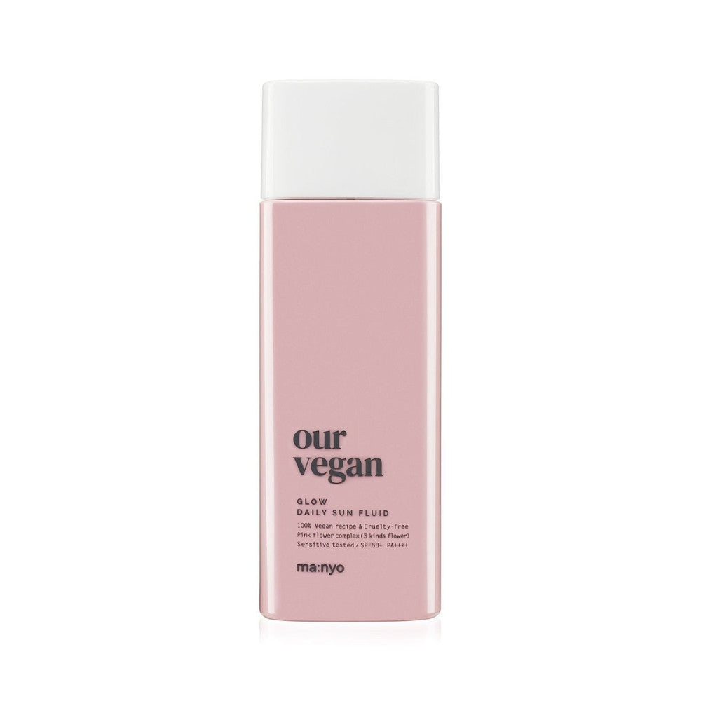 Ma:nyo Vegan Sun Fluid Glow SPF50+ PA++++ sunscreen in 50ml bottle, featuring lightweight, glowing sun protection.