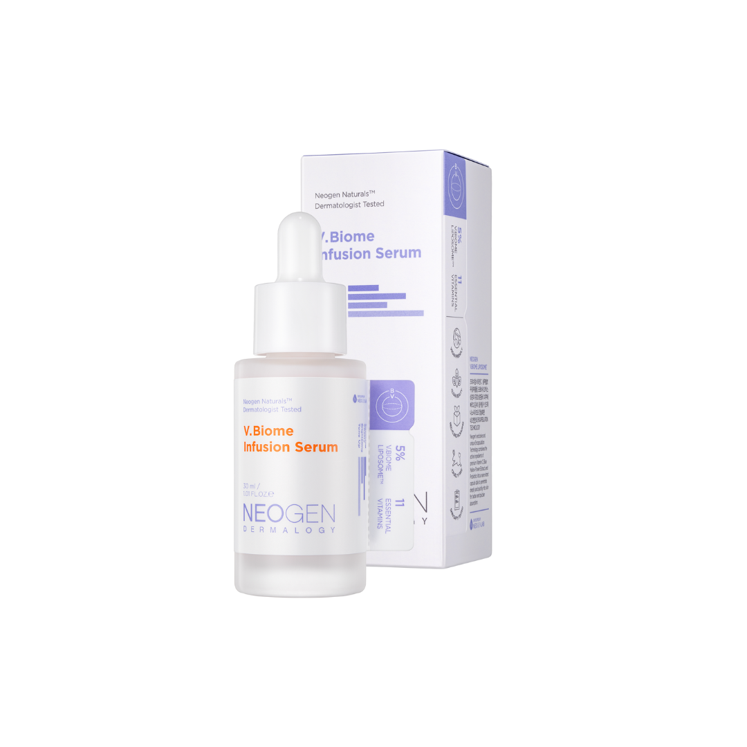NEOGEN V. Biome Infusion Serum 30ml bottle with clear glass, pump dispenser, and minimalist label for skincare hydration and revitalization.