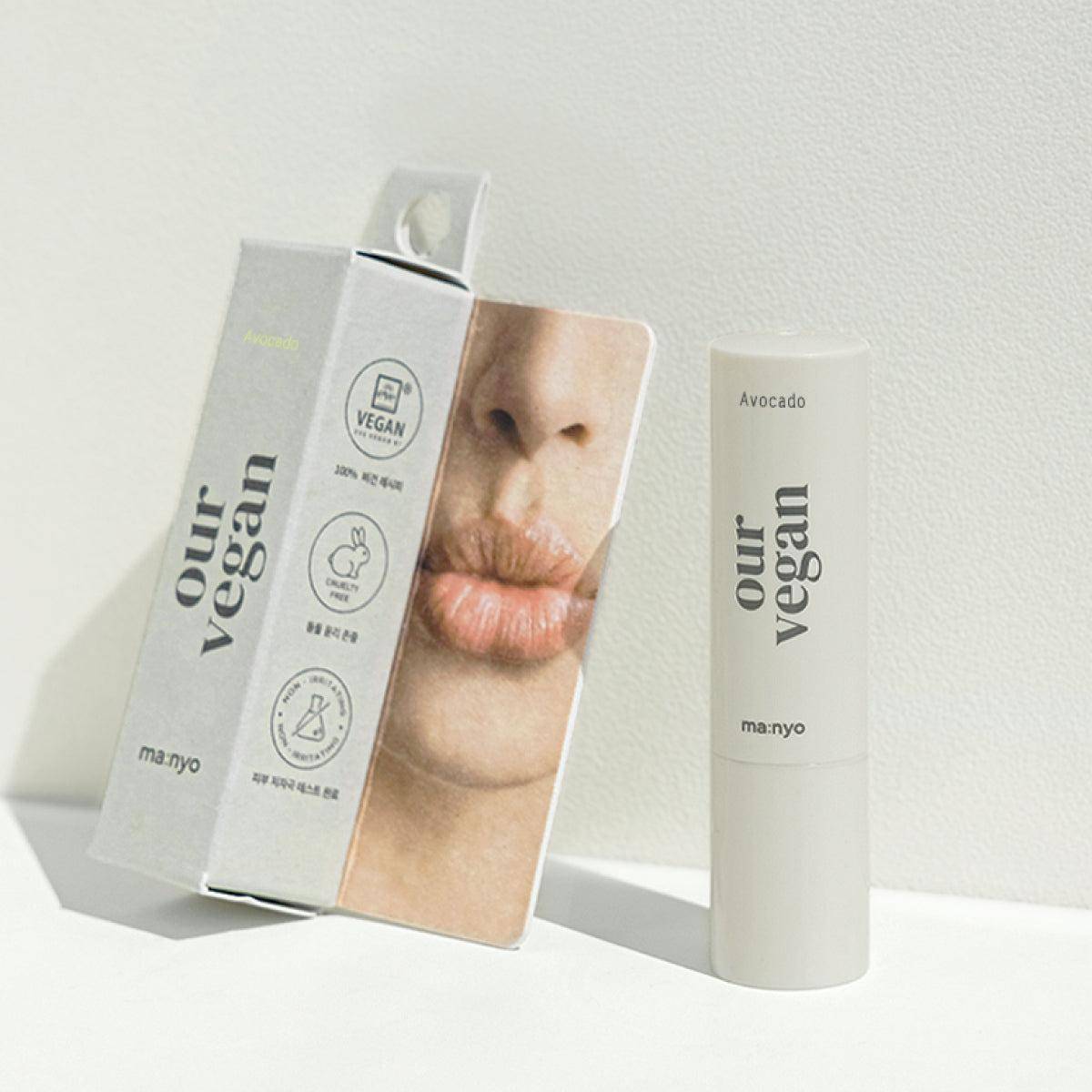 Vegan colour lip balm by Ma:nyo in green and pink shades, featuring avocado, in 3.7g packaging.
