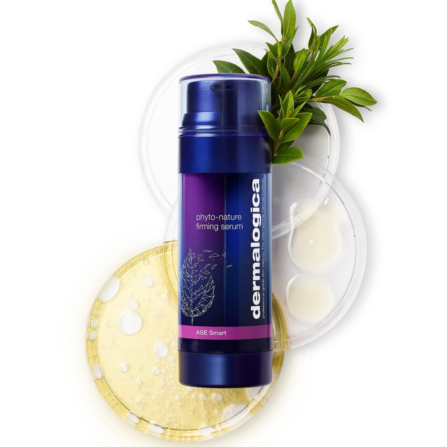 Dermalogica Phyto-Nature Firming Serum in a 40ml bottle, displayed on a petri dish with a flat lay view.