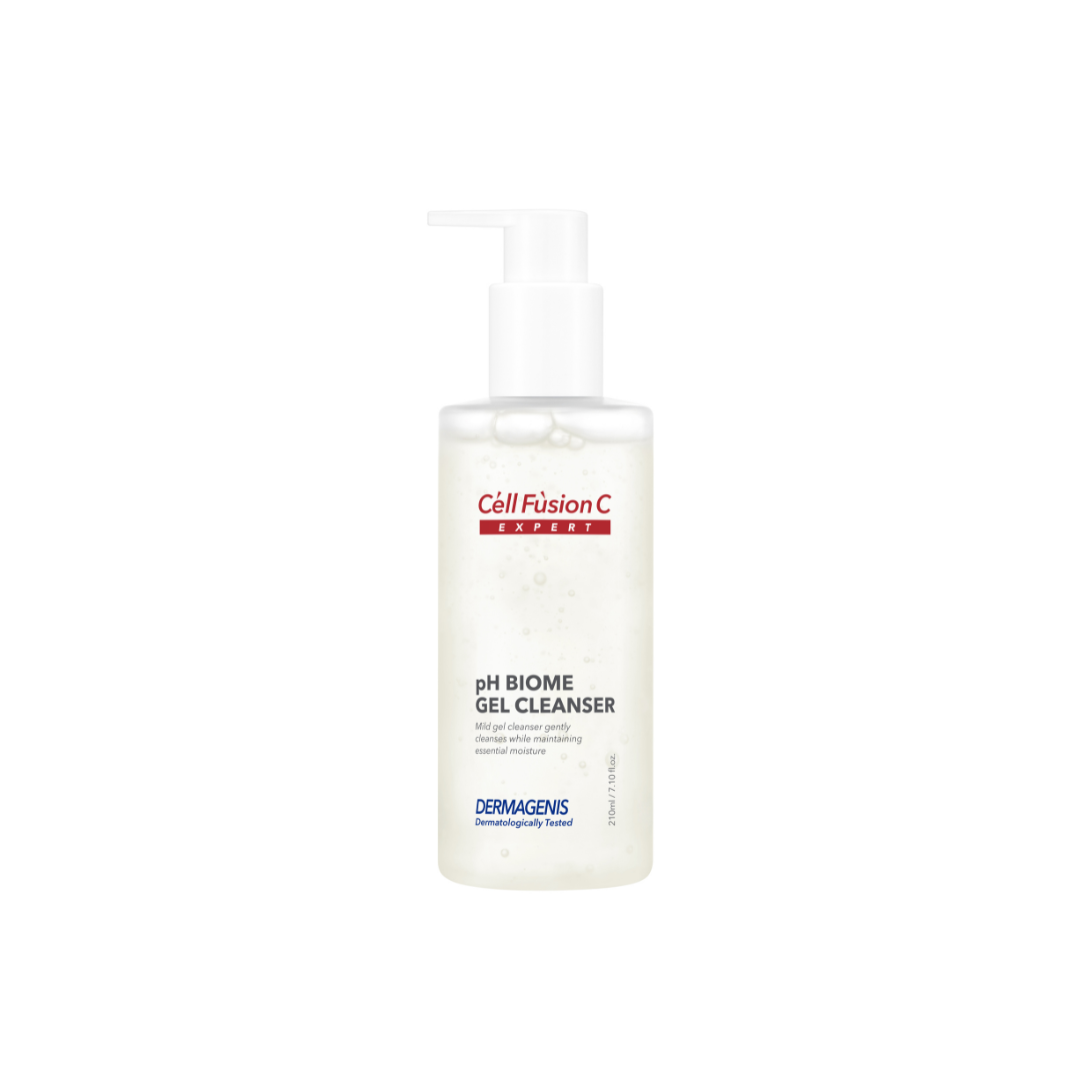 Cell Fusion C Expert pH Biome Gel Cleanser 210ml in a clear bottle with a pump, showcasing its gentle gel formula for skincare.