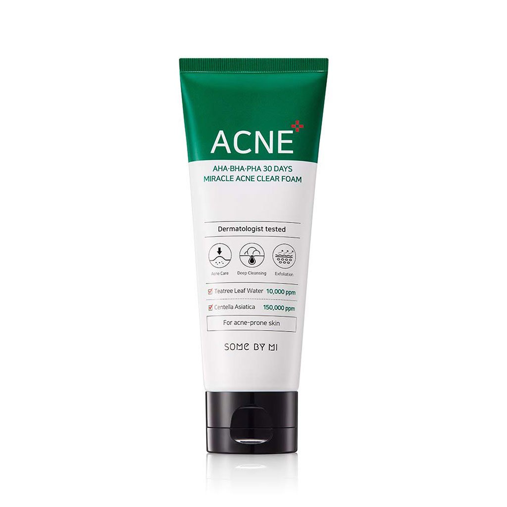 Some By Mi AHA BHA PHA 30 Days Miracle Acne Clear Foam in a 100ml tube, showing the cleanser with label and product packaging.