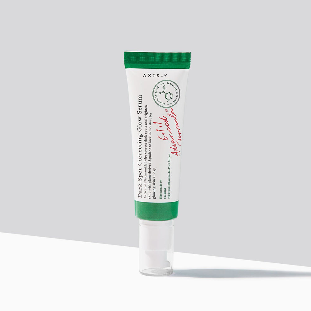 AXIS-Y Dark Spot Correcting Glow Serum in a 50ml bottle, showing the serum's sleek packaging and clear glass container.