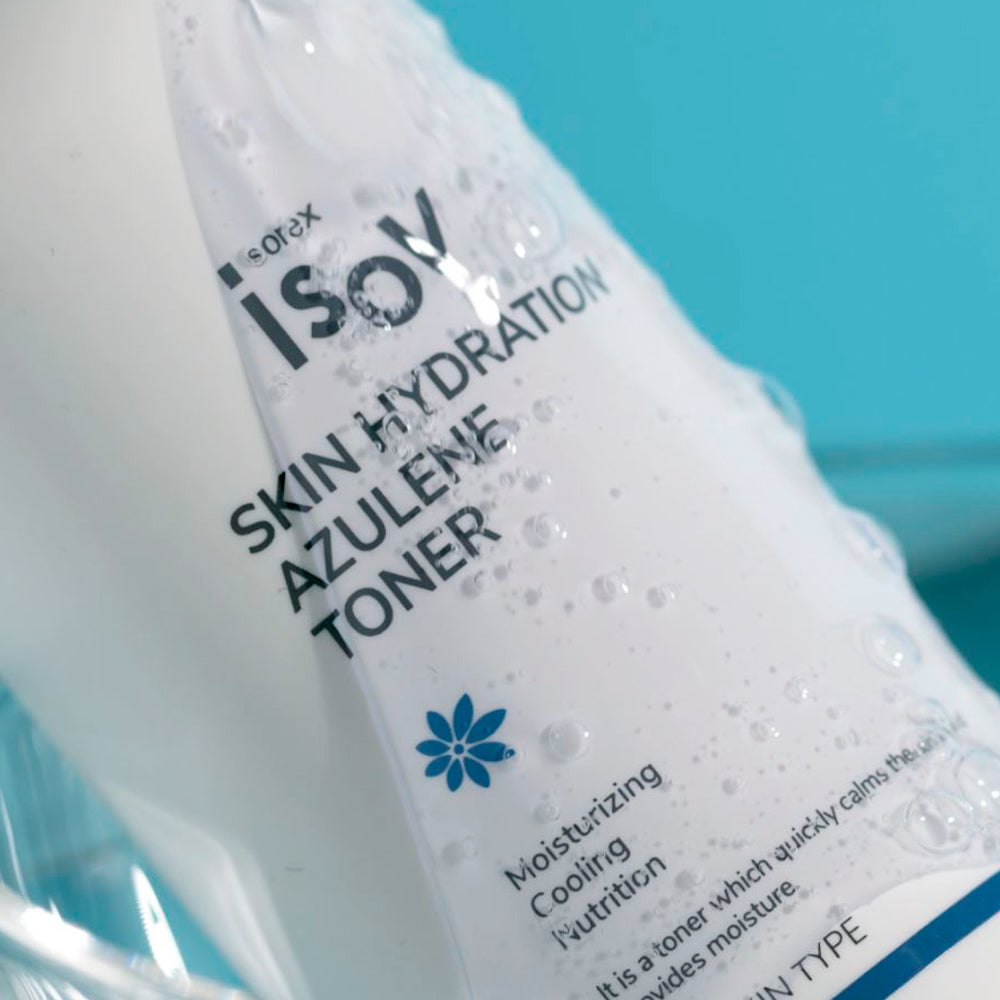 ISOV Skin Hydration Azulene Toner 150ml bottle with clear liquid and blue label, designed for soothing and hydrating skin.