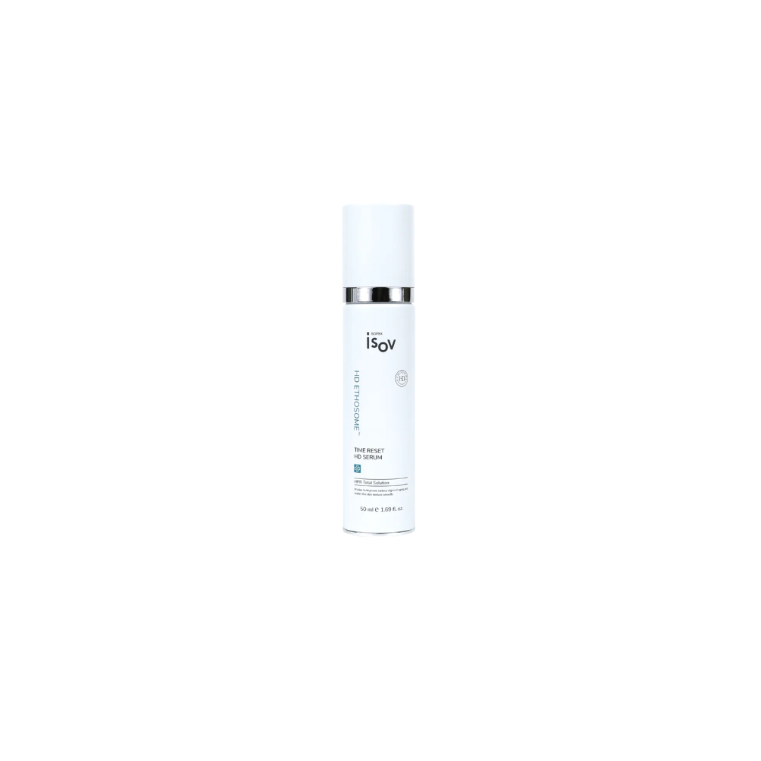ISOV Time Reset HD Serum 50ml bottle with sleek packaging, featuring a skincare serum for anti-aging and skin rejuvenation.