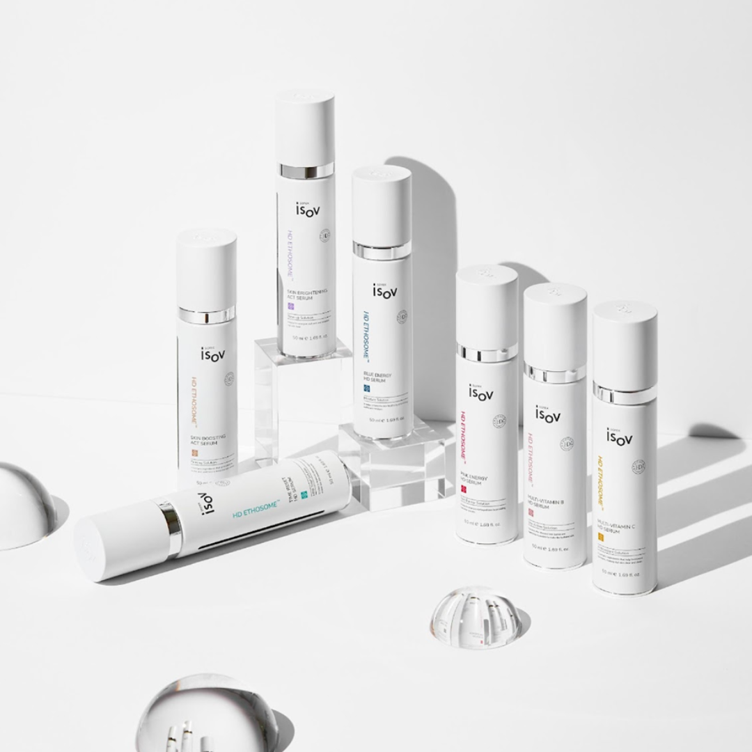 ISOV Multi Vitamin C HD Serum 50ml in a sleek bottle, featuring vibrant citrus and skincare ingredients for brightening and hydration