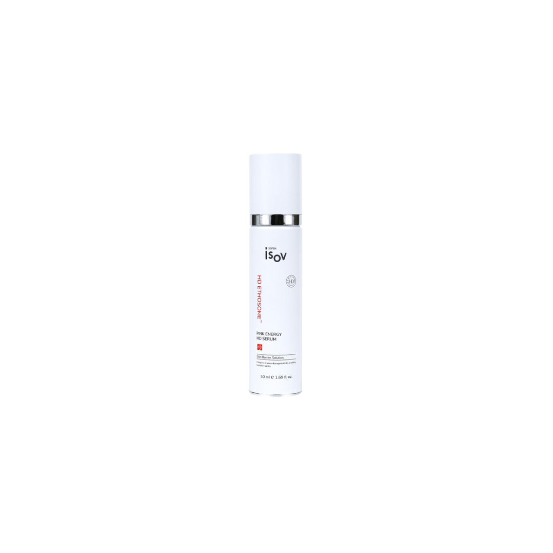 ISOV Pink Energy HD Serum 50ml bottle with a sleek design, showcasing a vibrant pink skincare serum for radiant skin.