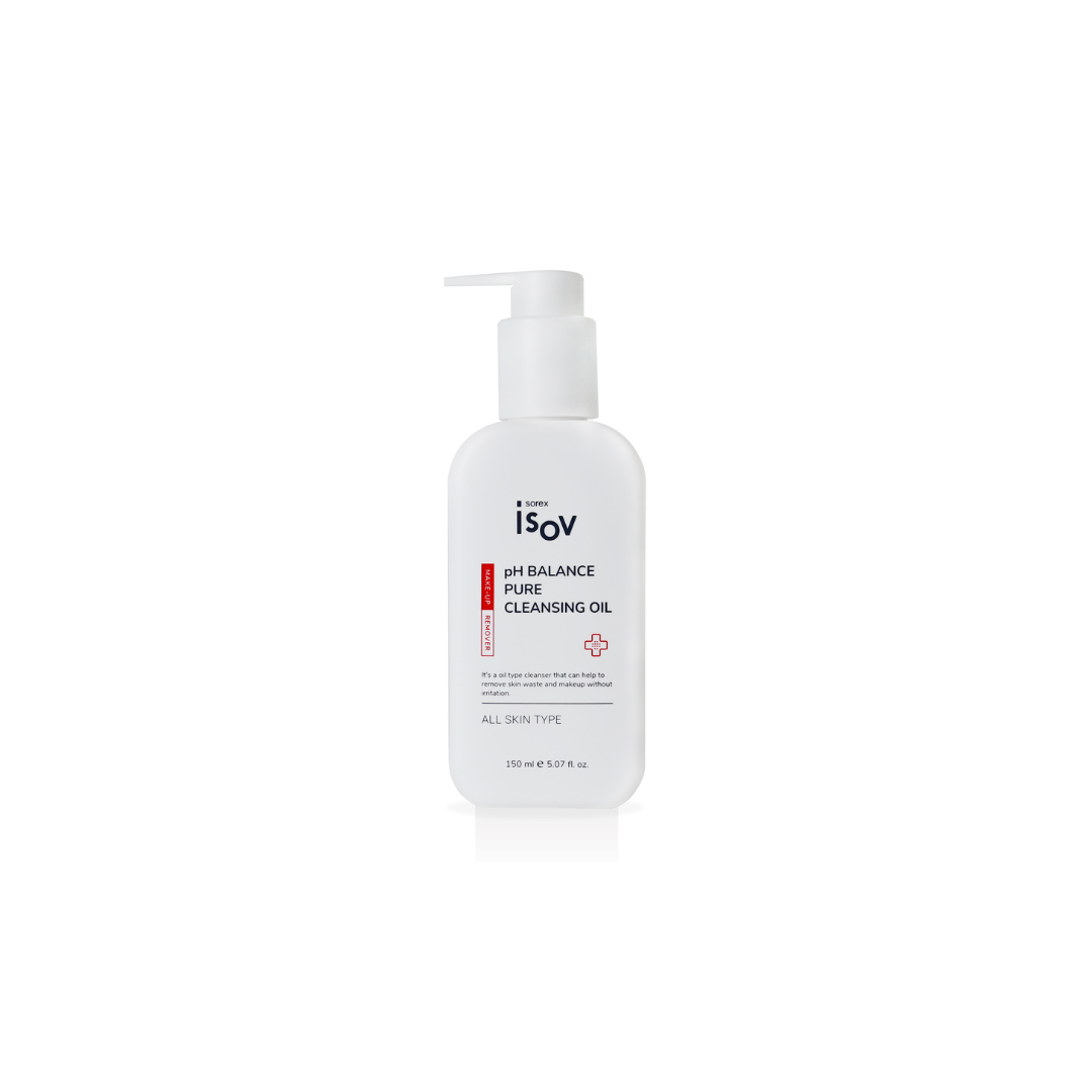 ISOV pH Balance Pure Cleansing Oil 150ml, a gentle oil cleanser for balanced skin, shown in a clear bottle with a pump dispenser.