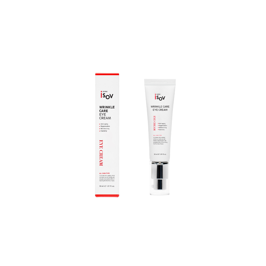 ISOV Wrinkle Care Eye Cream 30ml, close-up of the skincare tube with applicator tip on a neutral background.
