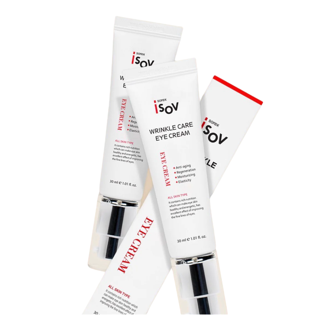 ISOV Wrinkle Care Eye Cream 30ml, close-up of the skincare tube with the product label and applicator on a white background.