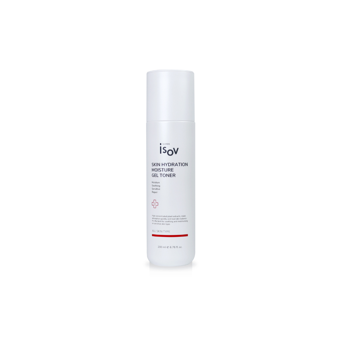 ISOV Skin Hydration Moisture Gel Toner in a 200ml bottle, featuring clear gel texture and hydrating skincare benefits.