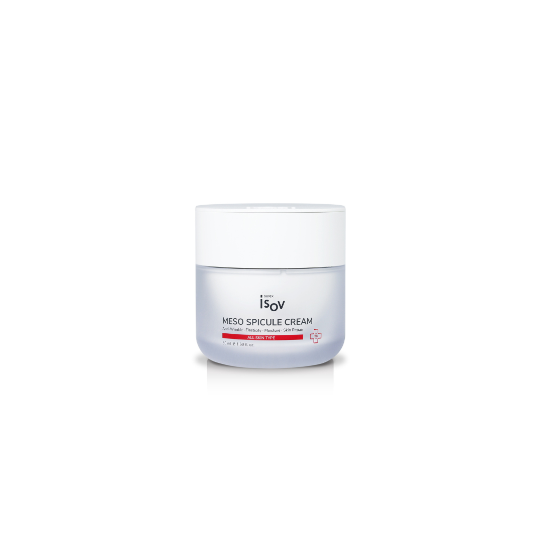 ISOV Meso Spicule Cream 50ml face moisturizer in a jar, showing smooth, creamy skincare texture and packaging for hydrating skin.