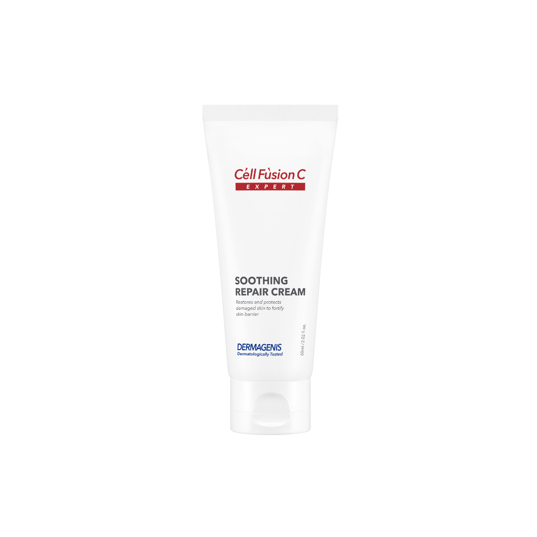 Cell Fusion C Expert Soothing Repair Cream 60ml face moisturizer jar with a white and green label and smooth cream inside.