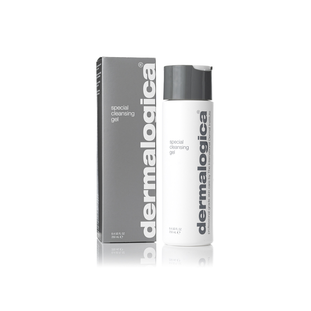 Dermalogica Special Cleansing Gel 250ml with clear gel texture in a pump bottle, ideal for gentle facial cleansing.