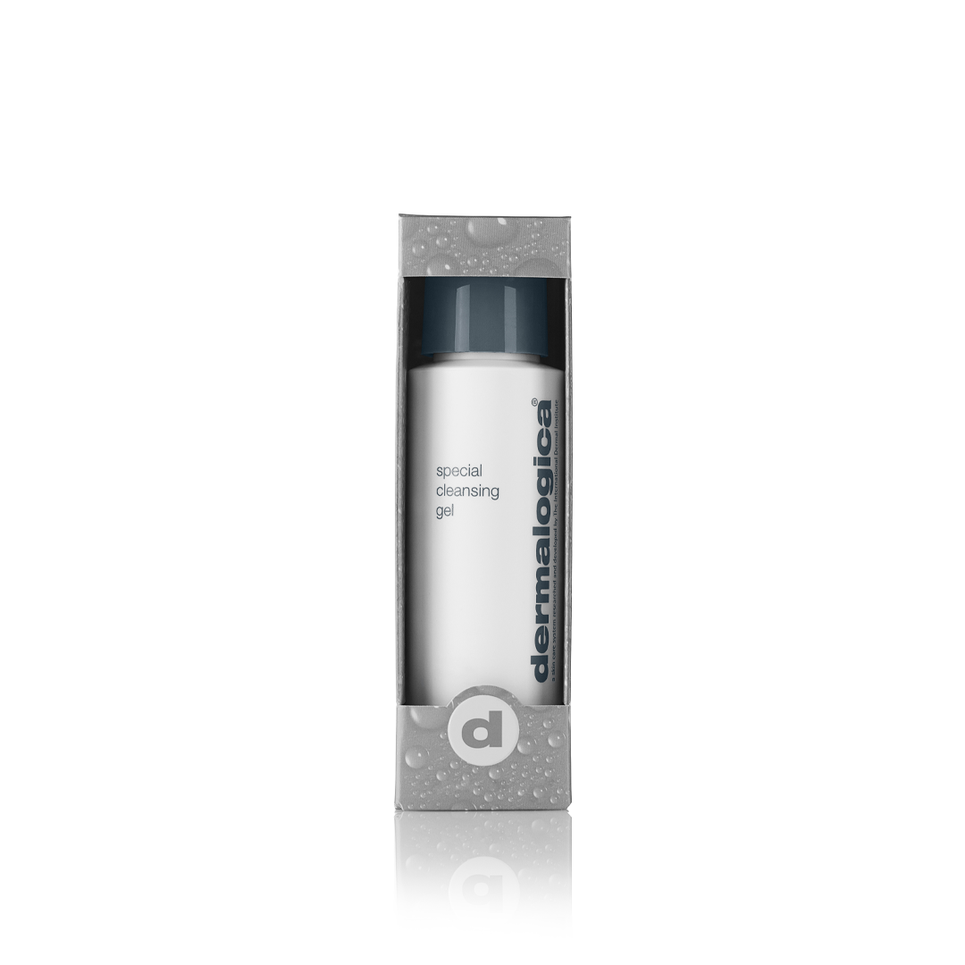 Dermalogica Special Cleansing Gel 250ml travel carton, front view of the gel and foam cleanser packaging