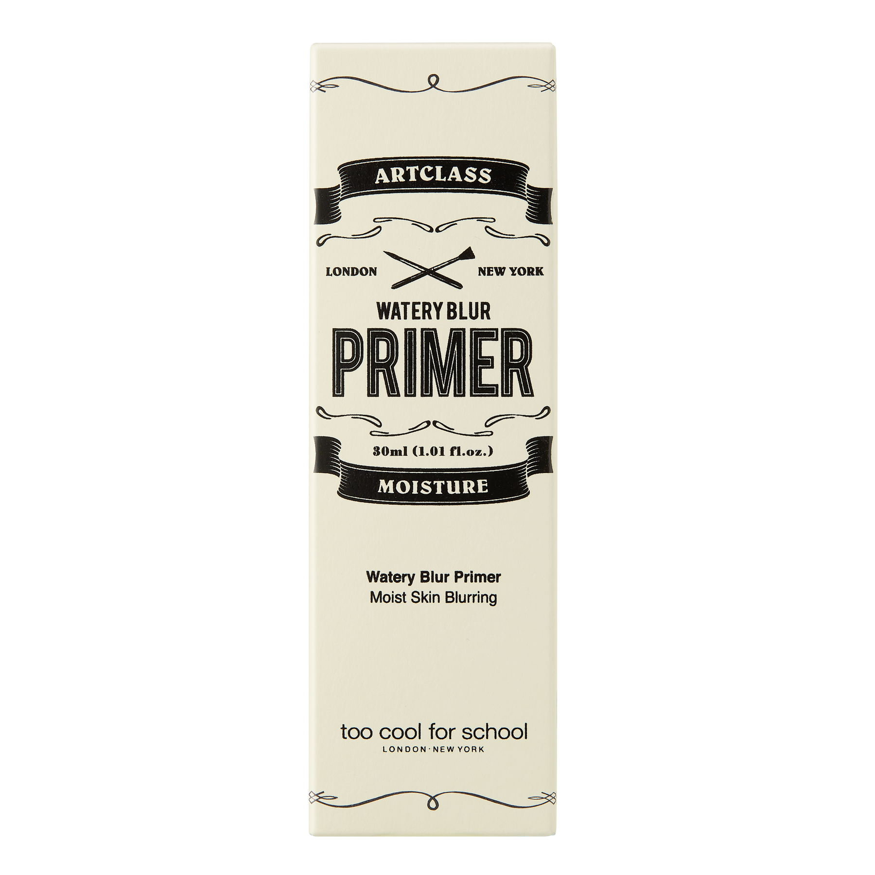 Too Cool For School Artclass Watery Blur Primer 30ml box, lightweight face primer with a sleek packaging design.