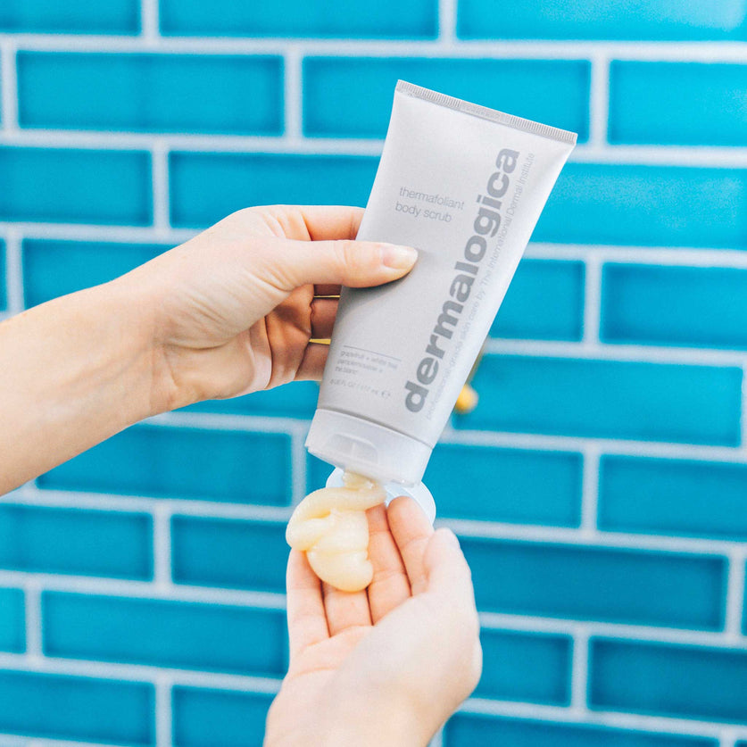 Dermalogica Thermafoliant Body Scrub in 177ml, showing warm, textured body wash and scrub with a sleek container.
