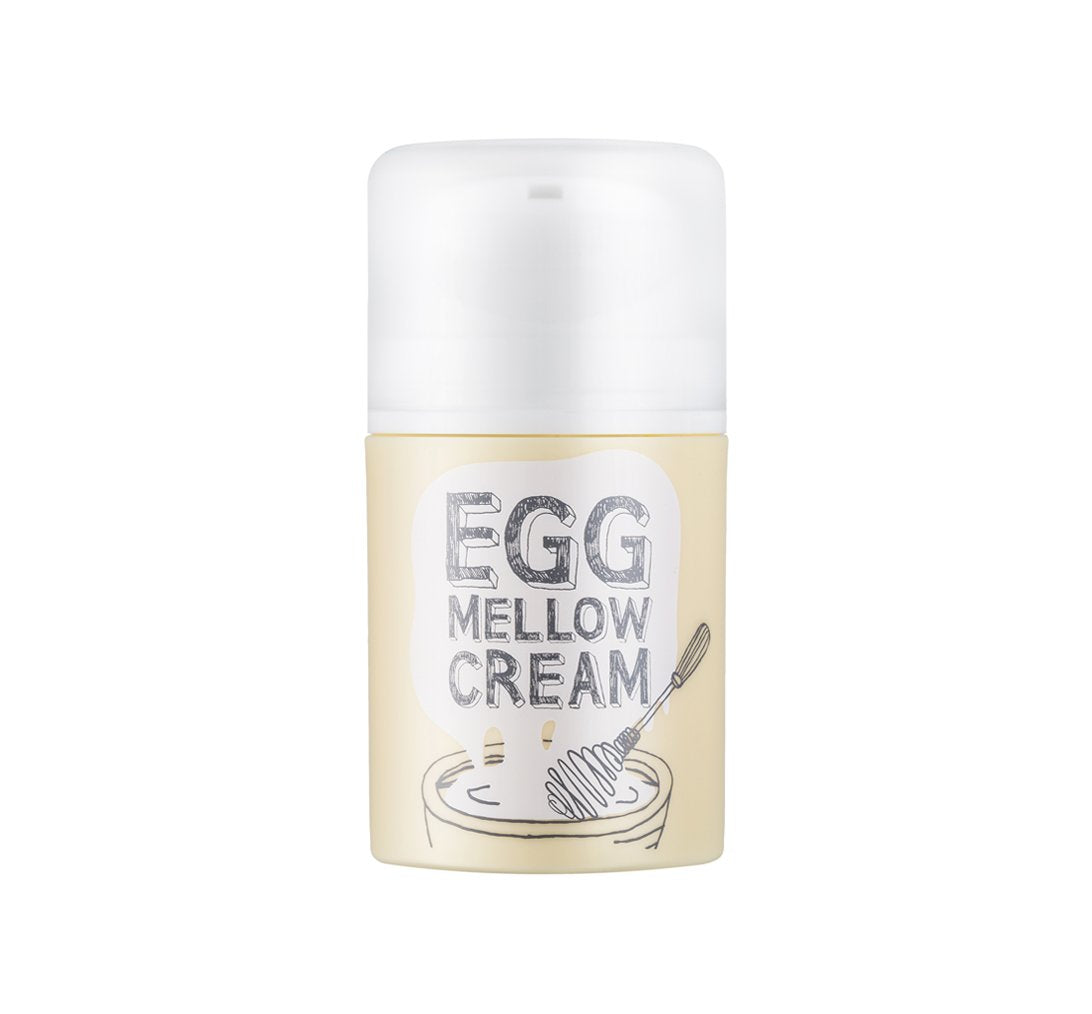 Too Cool For School Egg Mellow Cream face moisturizer jar with a smooth, creamy texture and pastel yellow packaging.