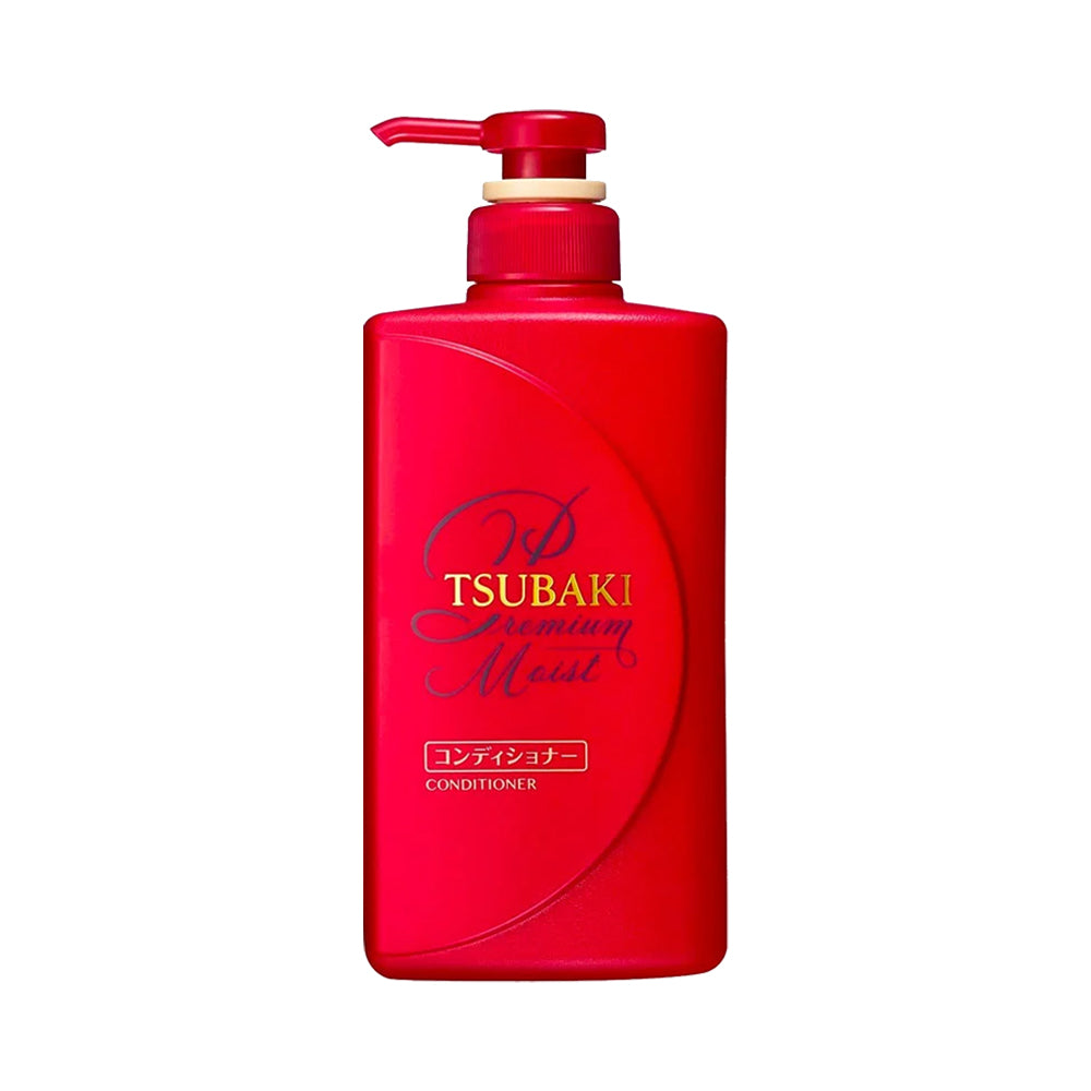 Shiseido Tsubaki Premium Moist Conditioner 490ml bottle with floral design, suitable for nourishing and moisturizing hair.