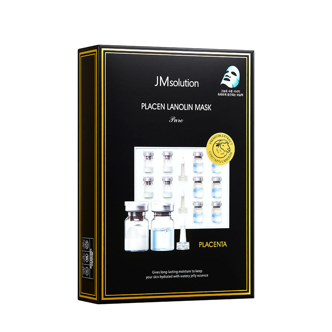JMsolution Placen Lanolin Mask Sheet Box with 10 pcs, nourishing skincare masks in individual packaging.