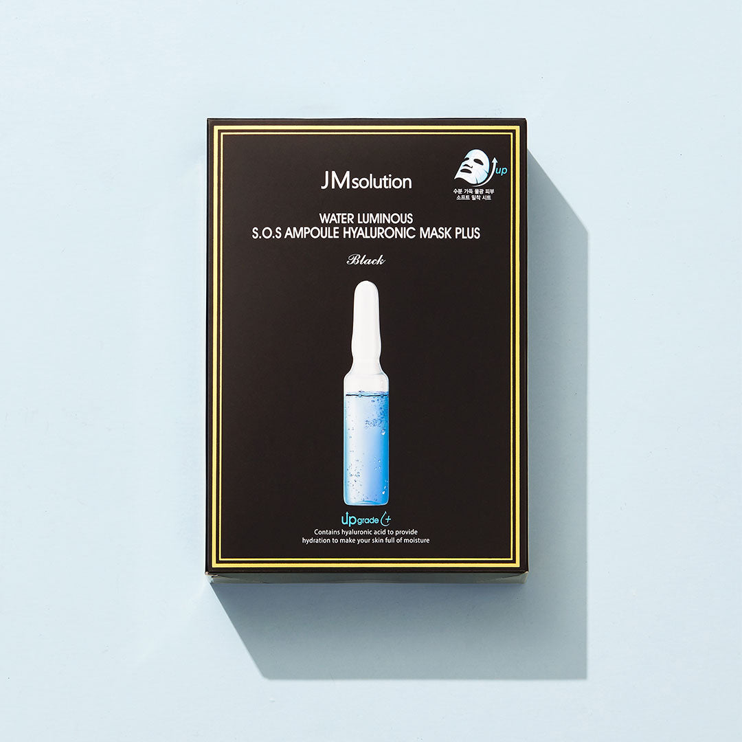 JMsolution Water Luminous S.O.S Ampoule Hyaluronic Mask Box Plus Black, 10-piece sheet mask set with hydrating and brightening features.