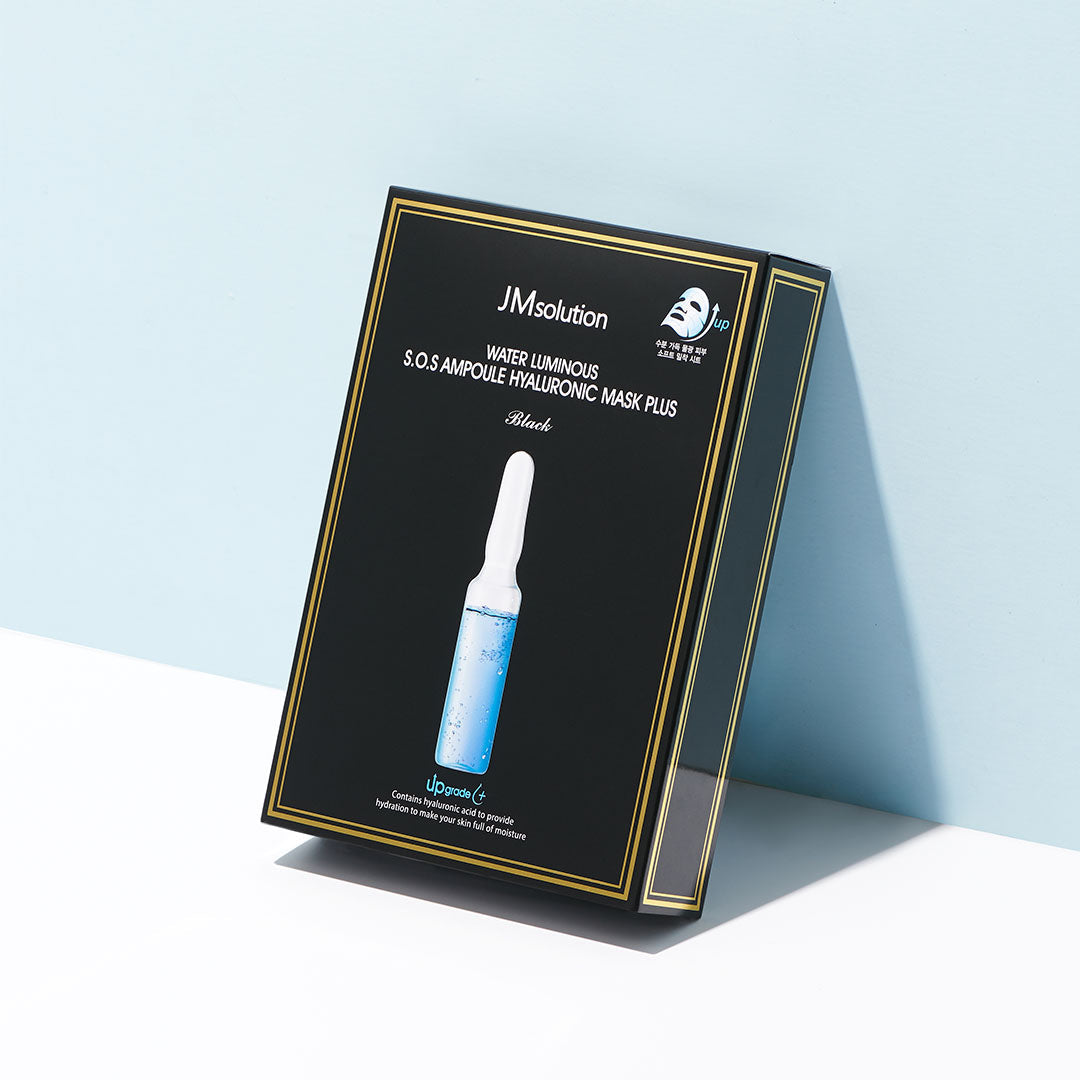JMsolution Water Luminous S.O.S Ampoule Hyaluronic Mask box with 10 sheet masks, featuring black packaging and hydrating skincare ingredients.