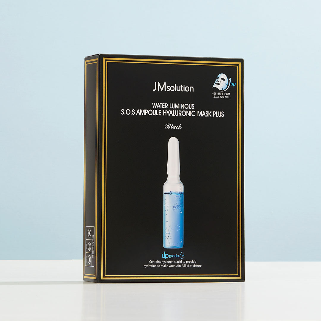 JMsolution Water Luminous S.O.S Hyaluronic Mask box with 10 sheet masks for hydrating skincare.