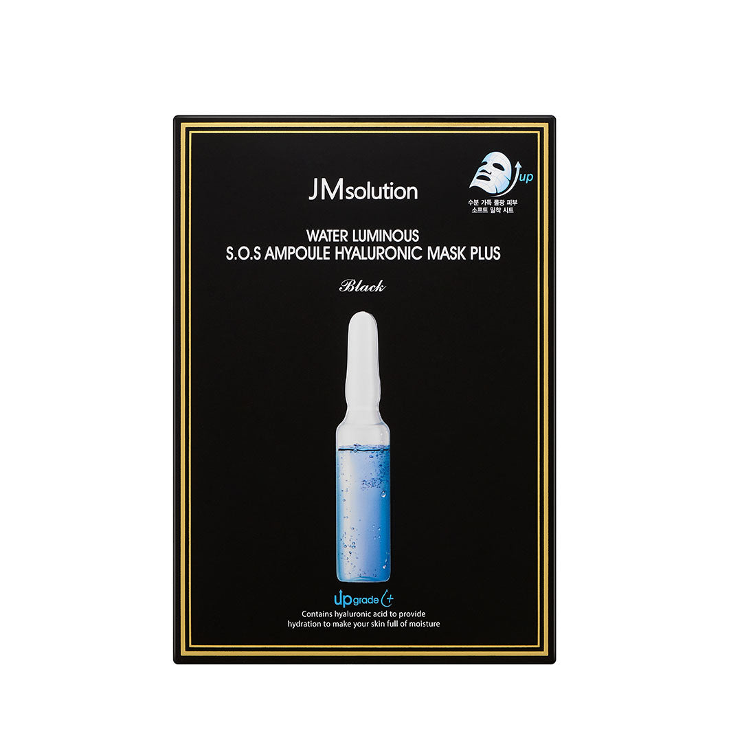 JMsolution Water Luminous S.O.S Ampoule Hyaluronic Sheet Mask box with 10 black sheet masks, hydrating skincare product.