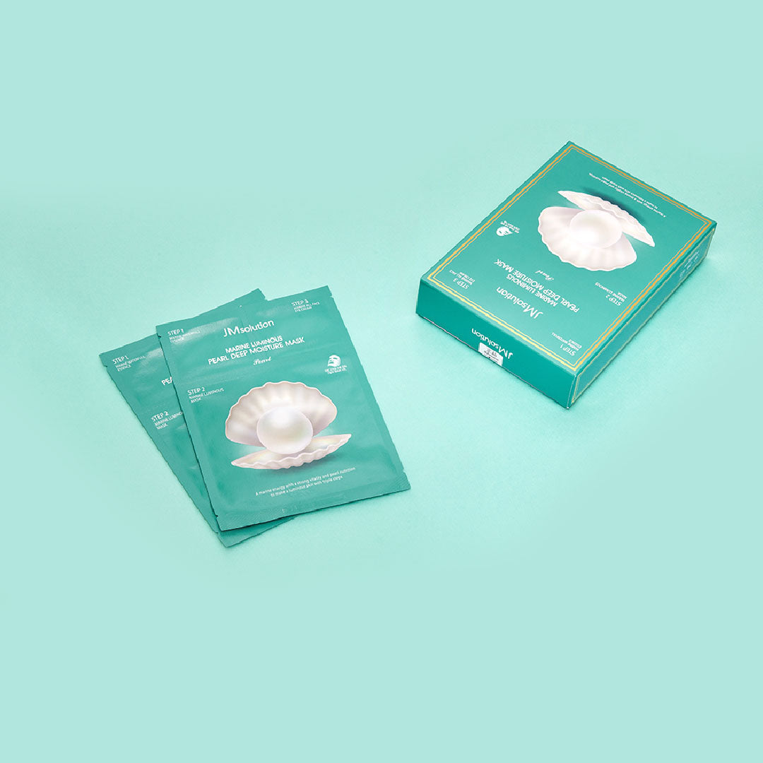 JMsolution Marine Luminous Pearl Deep Moisture Sheet Mask box with 10 pearl-infused sheet masks, designed for deep hydration and radiant skin.