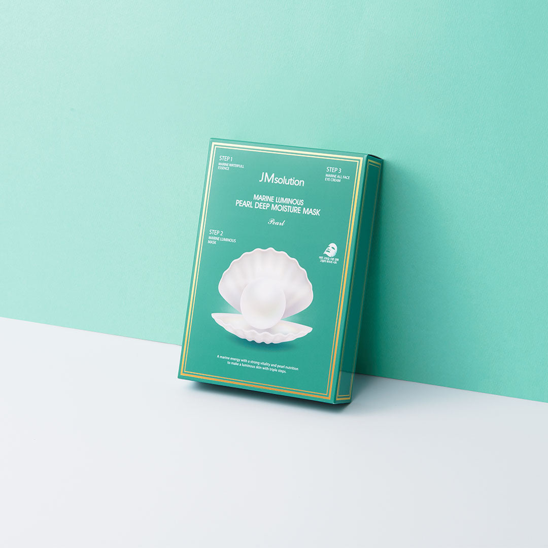 JMsolution Marine Luminous Pearl Deep Moisture Mask sheet pack with 10 pearl-infused sheet masks for hydrating skincare.