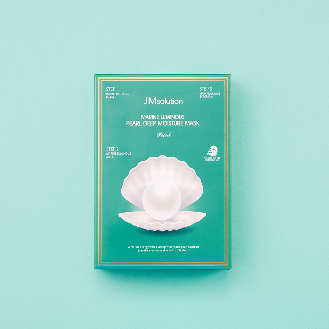 JMsolution Marine Luminous Pearl Deep Moisture Mask sheet set with 10 pearl-infused sheet masks for hydrating skincare.
