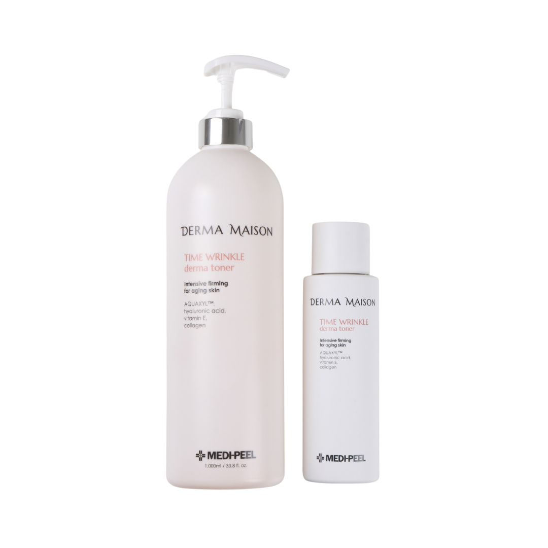 Derma Maison Time Wrinkle Derma Toner bottle with label and clear liquid, skincare product for anti-aging and skin rejuvenation