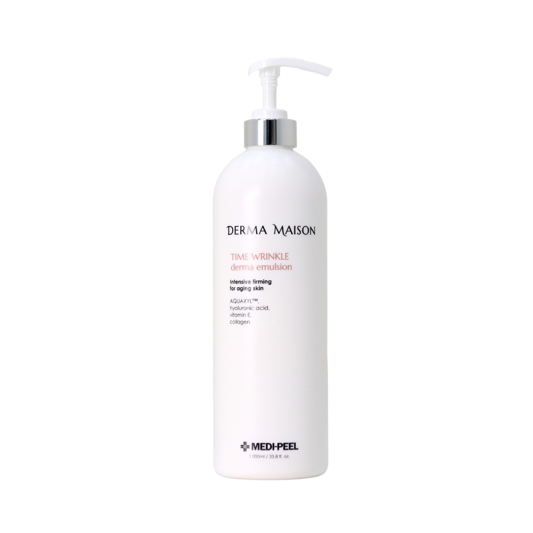 Derma Maison Time Wrinkle Derma Emulsion face moisturizer in a 1000ml bottle, designed to hydrate and reduce skin wrinkles.