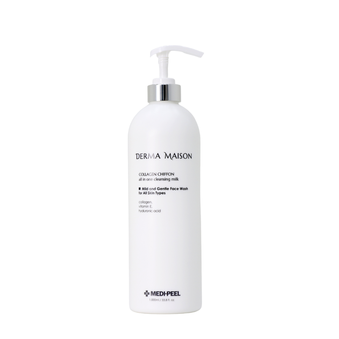 Derma Maison Collagen Shiffon All-In-One Cleansing Milk in 1000ml bottle, gentle milk cleanser with collagen for smooth skin.