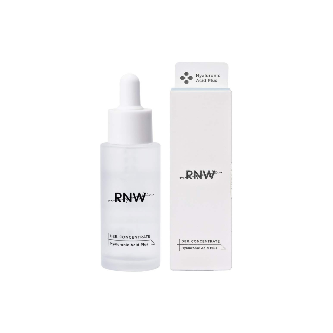 RNW Der Concentrate Hyaluronic Acid Plus serum in a 30ml bottle, showcasing clear liquid and minimalist packaging.