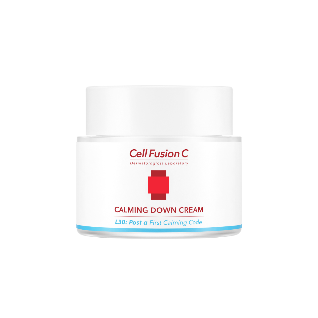 Cell Fusion C Calming Down Cream 50ml face moisturizer in a white jar with a blue label, designed to soothe and hydrate skin.