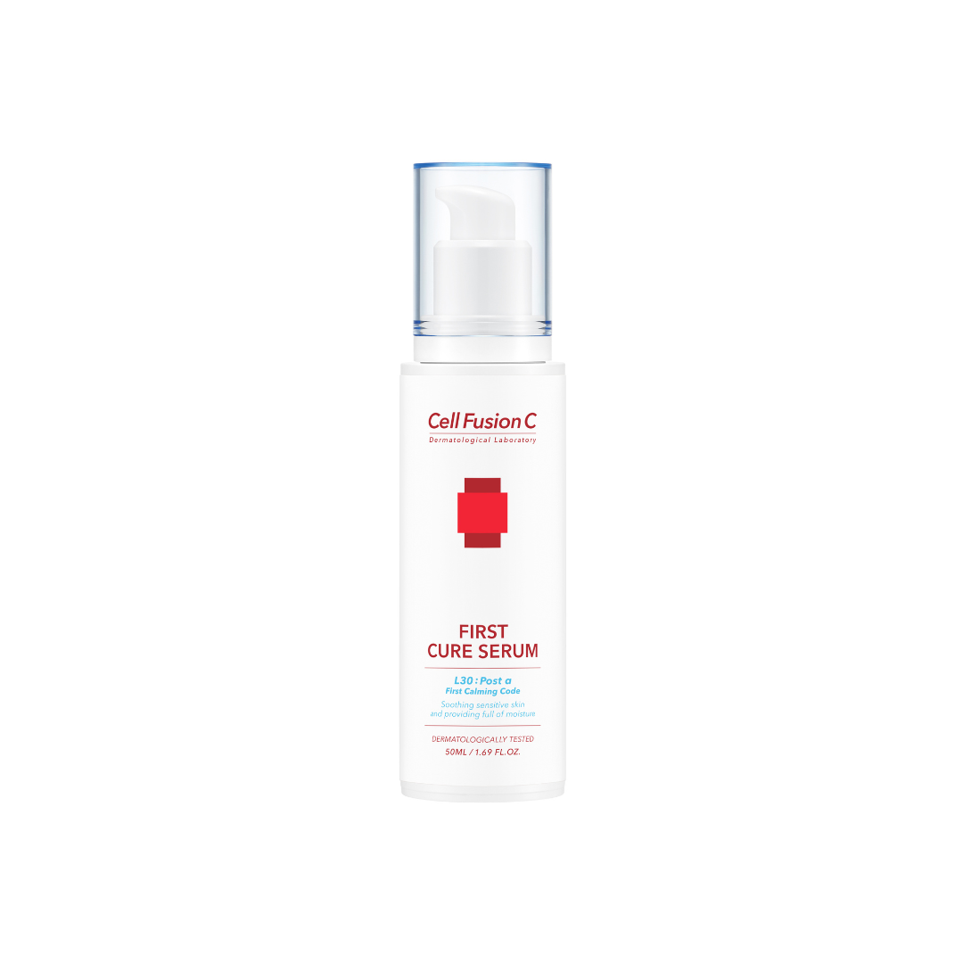 Cell Fusion C First Cure Serum in a 50ml bottle, clear glass container with dropper, showcasing the skincare serum inside.