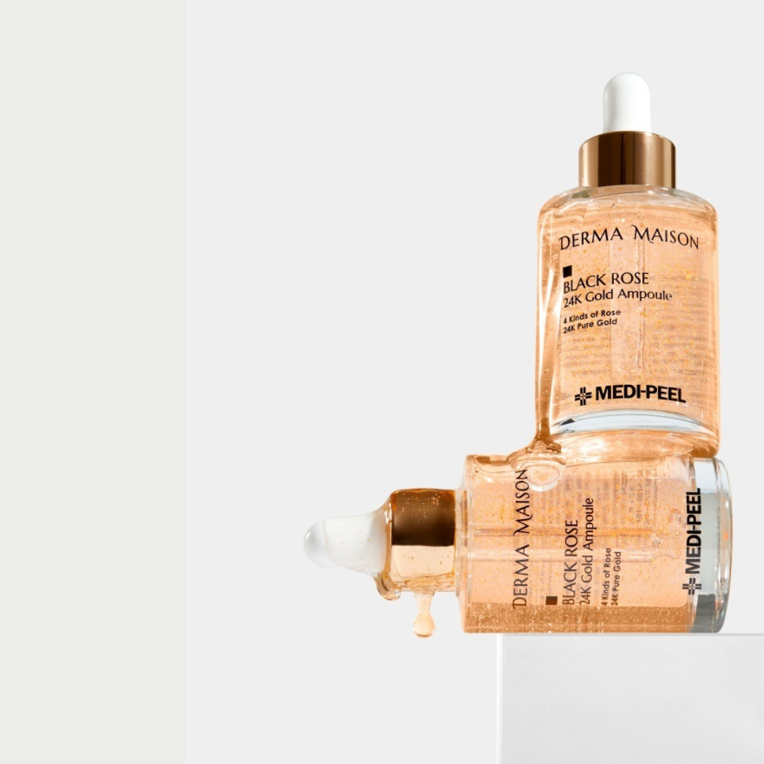 Black Rose 24k Gold Ampoule by Derma Maison in a 100ml bottle, featuring a sleek black and gold packaging design.