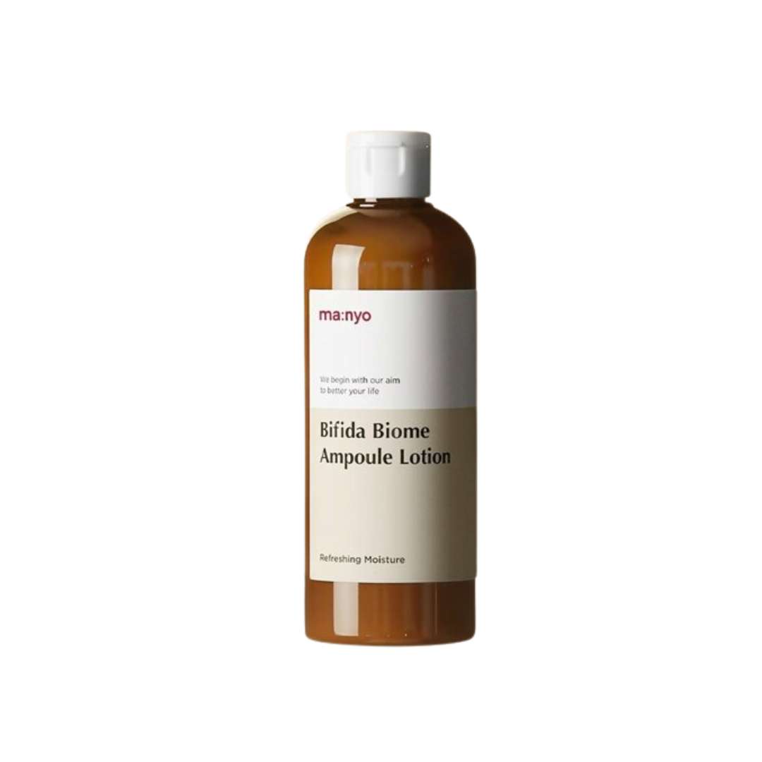 Ma:nyo Bifida Biome Ampoule Lotion in a 300ml bottle, featuring a clear, minimalist design with the product label visible.