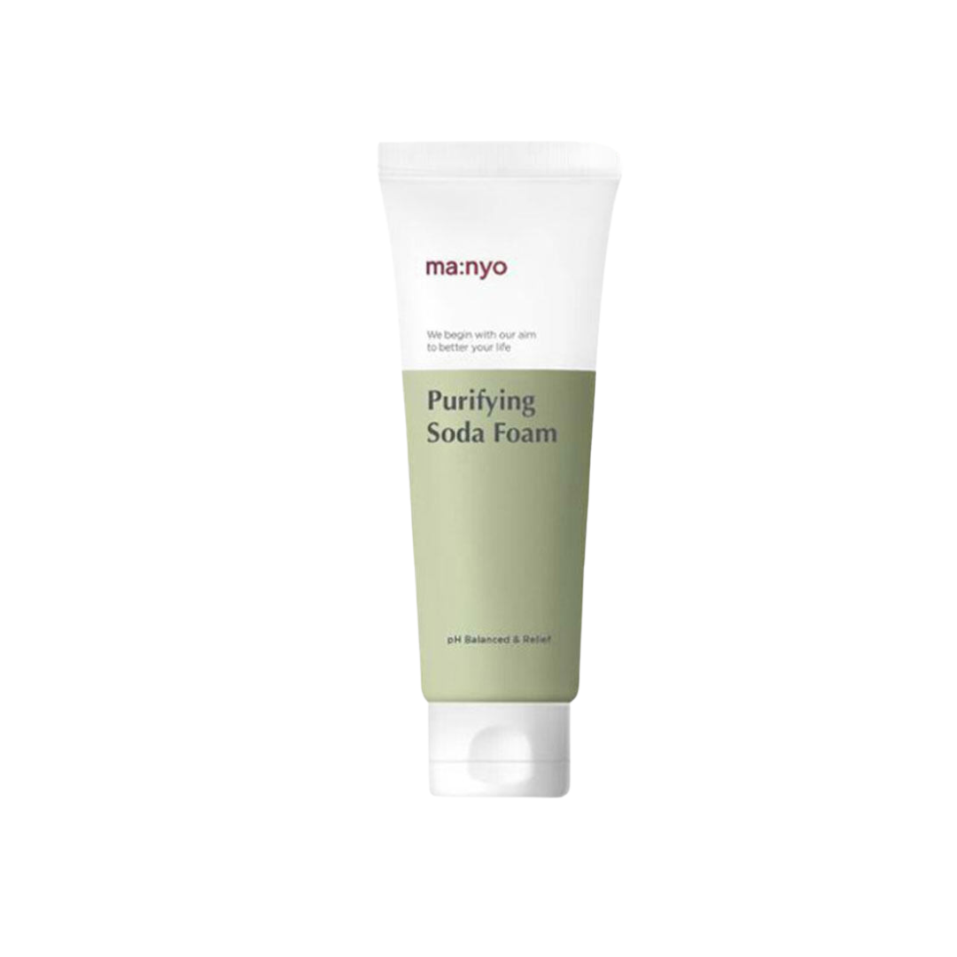 Ma:nyo Purifying Soda Foam 150ml gel cleanser in a white tube with blue accents, designed for deep facial cleansing and pore purification.