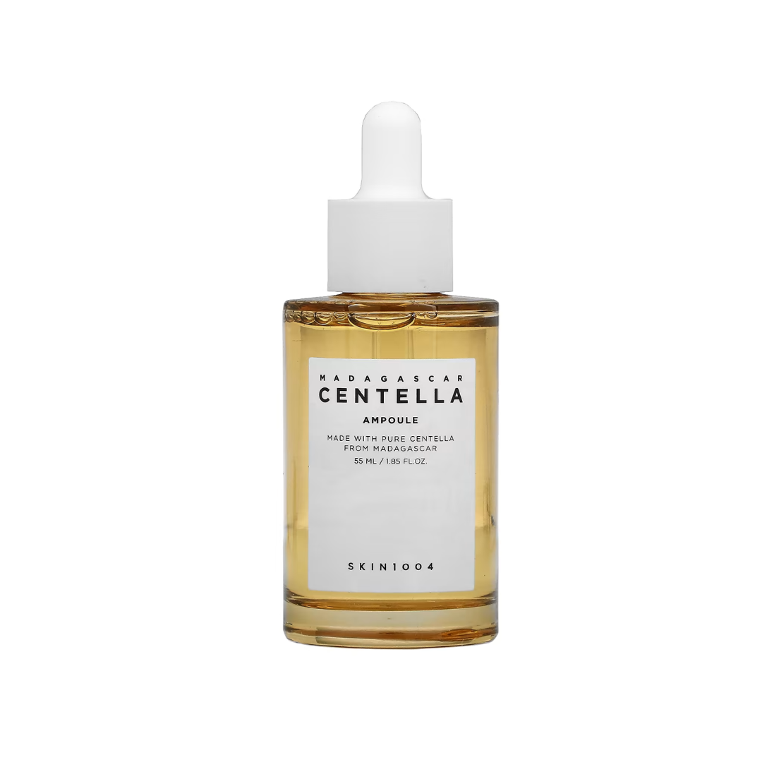 SKIN1004 Madagascar Centella Ampoule in a glass bottle, featuring a dropper for skincare infusion and natural ingredient label.