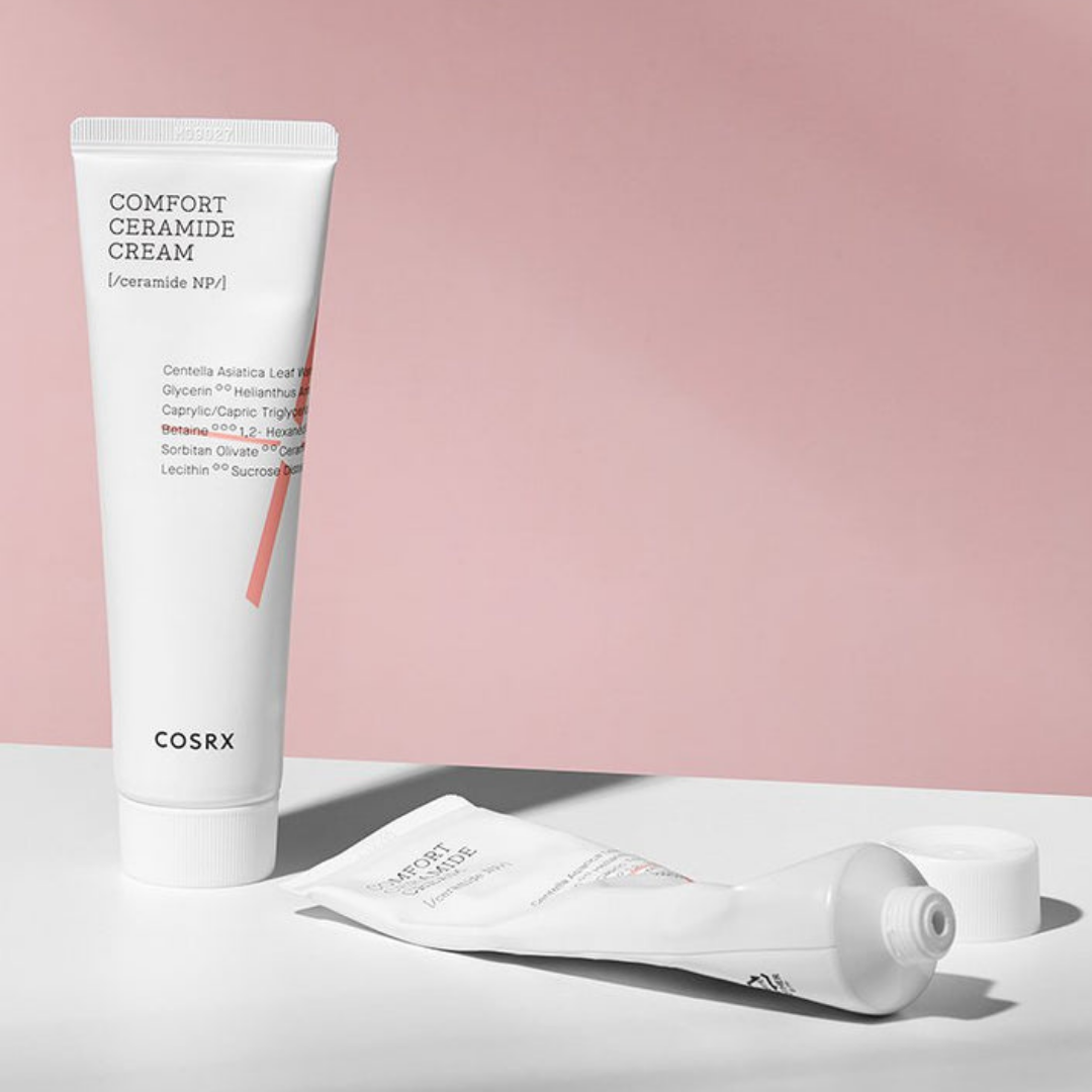 COSRX Balancium Comfort Ceramide Cream 80g face moisturizer jar with smooth, creamy texture and clean, minimalist packaging.